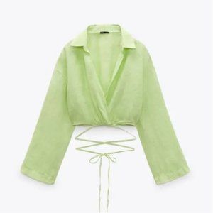 NEW! ZARA WRAP STYLE LINEN SHIRT in LIME GREEN (L)